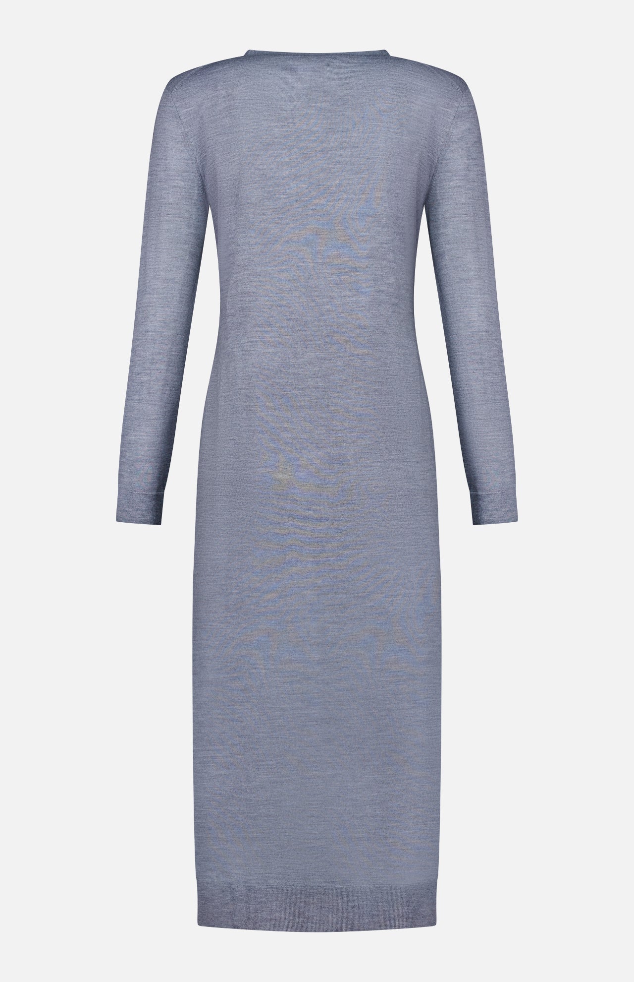 The THEORY Long Merino Wool Cardigan is shown from the back in light grayish-blue, with long sleeves, a straight knee-length cut, and a minimal design without visible closures or embellishments.