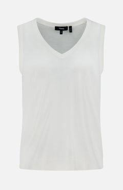 The THEORY Merino Slim Tank Top is a sleeveless white piece with a relaxed V-neck fit, made from smooth, lightweight Merino wool and showcases a simple, minimalist design.