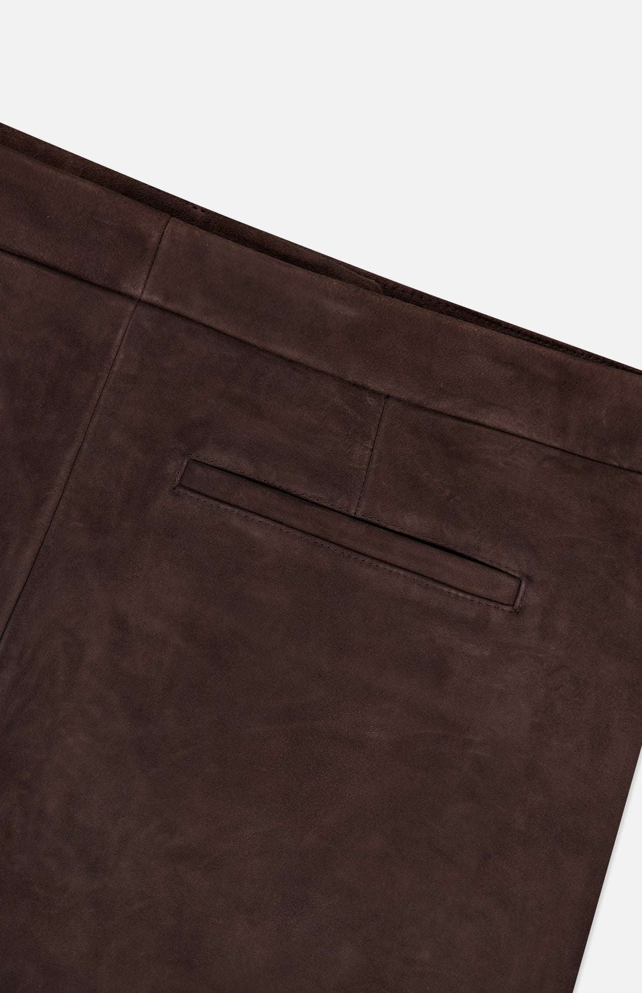 Close-up of the THEORY Lamb Leather Mini Trouser Skirt in chocolate brown shows a welt pocket accentuating the skirt’s clean, minimal design on a smooth leather surface. The fabric displays a rich, soft texture with visible stitching detail near the upper edge.