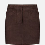 A chocolate brown Lamb Leather Mini Trouser Skirt by THEORY, featuring a simple, straight cut and minimal design, is displayed against a plain white background.