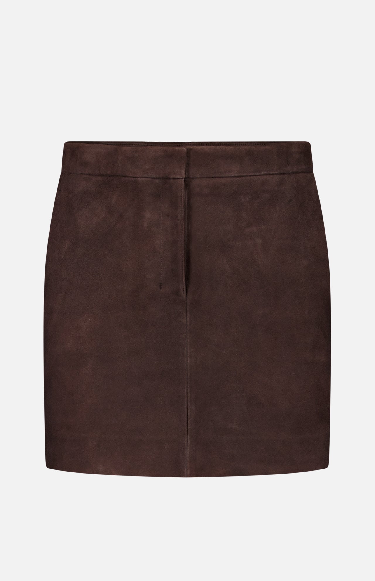 A chocolate brown Lamb Leather Mini Trouser Skirt by THEORY, featuring a simple, straight cut and minimal design, is displayed against a plain white background.