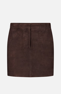 A chocolate brown Lamb Leather Mini Trouser Skirt by THEORY, featuring a simple, straight cut and minimal design, is displayed against a plain white background.