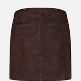 The THEORY Lamb Leather Mini Trouser Skirt is displayed from the back in a chocolate brown hue, crafted from luxurious lamb leather and featuring two slim horizontal welt pockets with a clean, minimalist design against a plain white background.