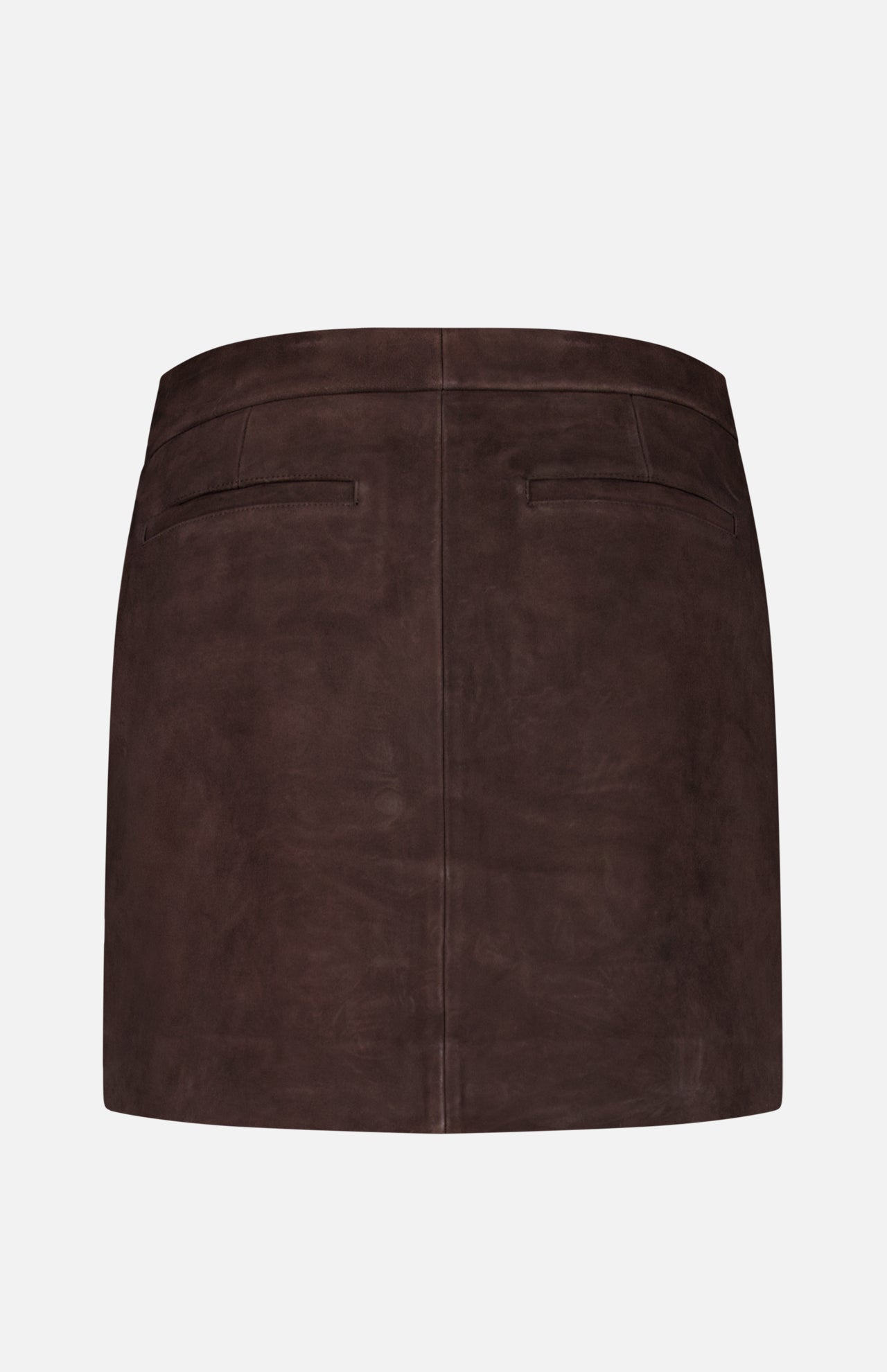 The THEORY Lamb Leather Mini Trouser Skirt is displayed from the back in a chocolate brown hue, crafted from luxurious lamb leather and featuring two slim horizontal welt pockets with a clean, minimalist design against a plain white background.