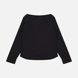 The THEORY Open Sleeve Boatneck Top features a plain black design with long sleeves and a boatneck, shown flat on a white background with the back facing up—a versatile piece that captures quiet luxury.