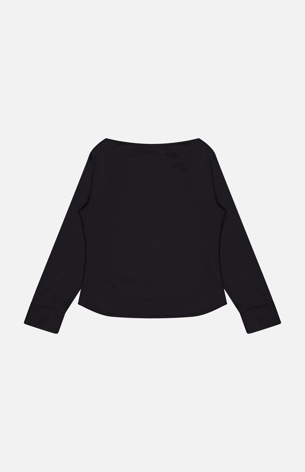 The THEORY Open Sleeve Boatneck Top features a plain black design with long sleeves and a boatneck, shown flat on a white background with the back facing up—a versatile piece that captures quiet luxury.