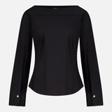 THEORY's Open Sleeve Boatneck Top is a black long-sleeve blouse with a wide boat neck and buttoned cuffs, shown against a plain white background.