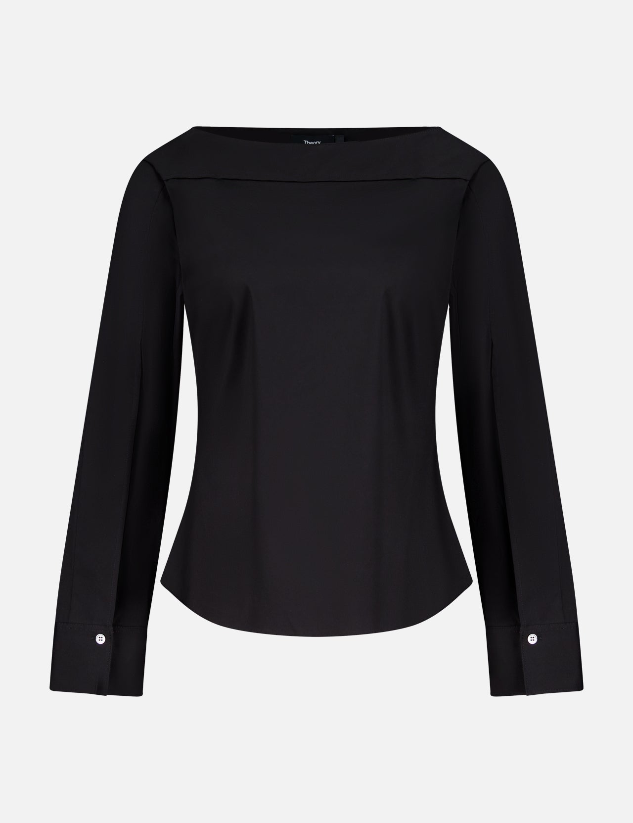 THEORY's Open Sleeve Boatneck Top is a black long-sleeve blouse with a wide boat neck and buttoned cuffs, shown against a plain white background.