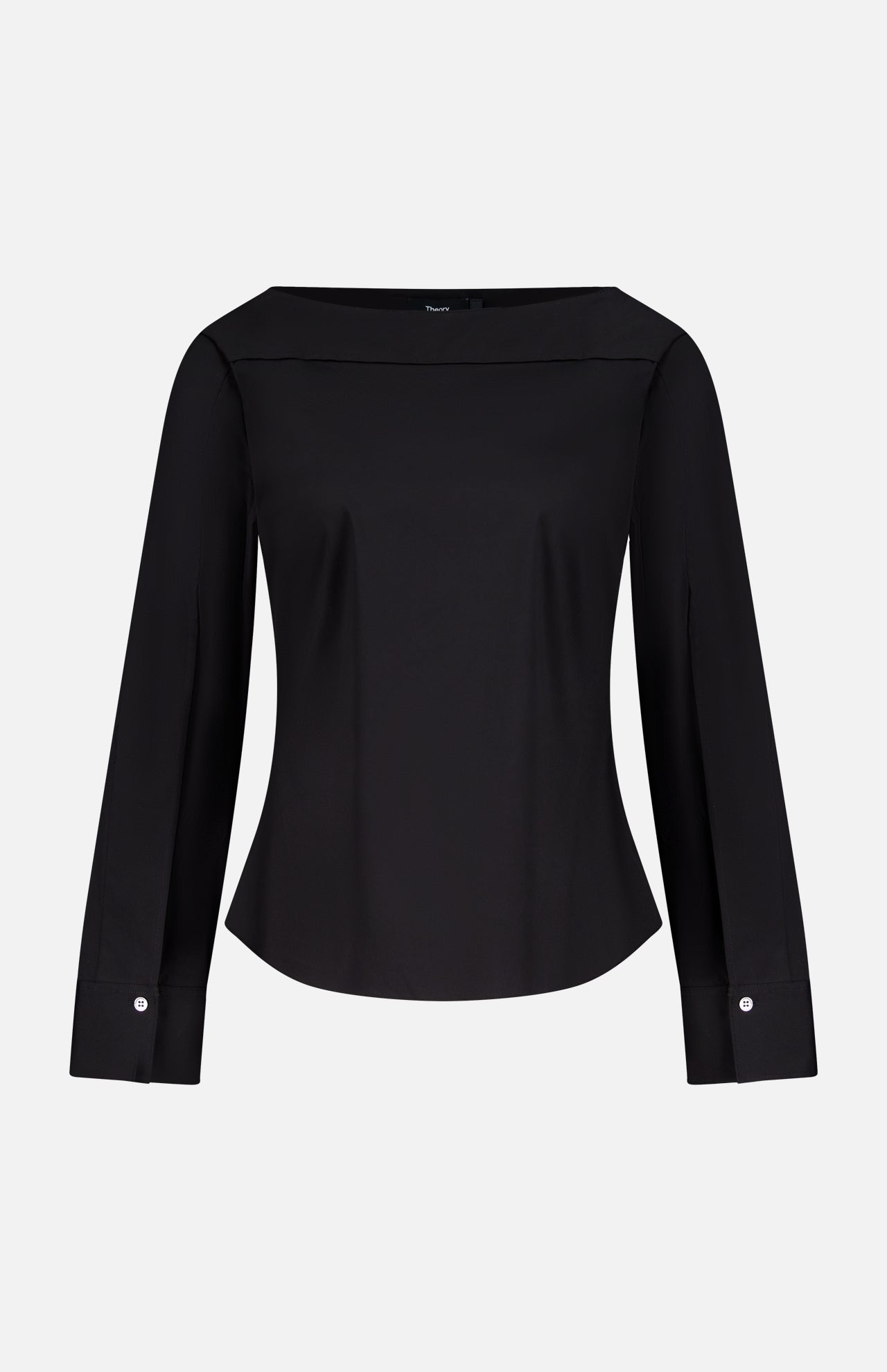 THEORY's Open Sleeve Boatneck Top is a black long-sleeve blouse with a wide boat neck and buttoned cuffs, shown against a plain white background.