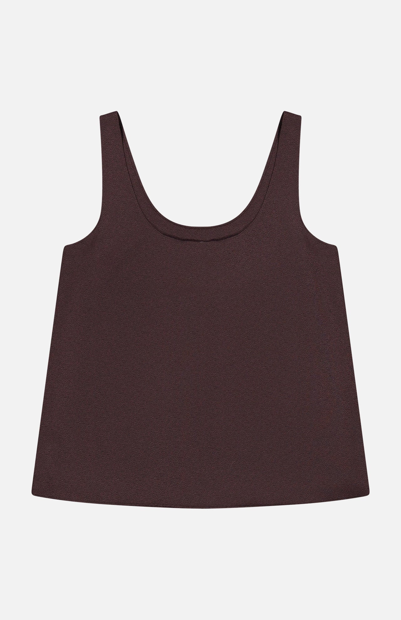 The THEORY Pebble Scoop Tank Top is a sleeveless, dark brown piece made from silky smooth fabric with a relaxed fit and scoop neckline, shown against a plain white background—an ideal choice for stylish layering.