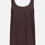 The Pebble Scoop Tank Top by THEORY features a sleeveless, loose-fit silhouette in a rich brown hue, crafted from silky smooth fabric with a scoop neckline. Shown against a plain white background, this versatile piece is perfect for layering in any wardrobe.