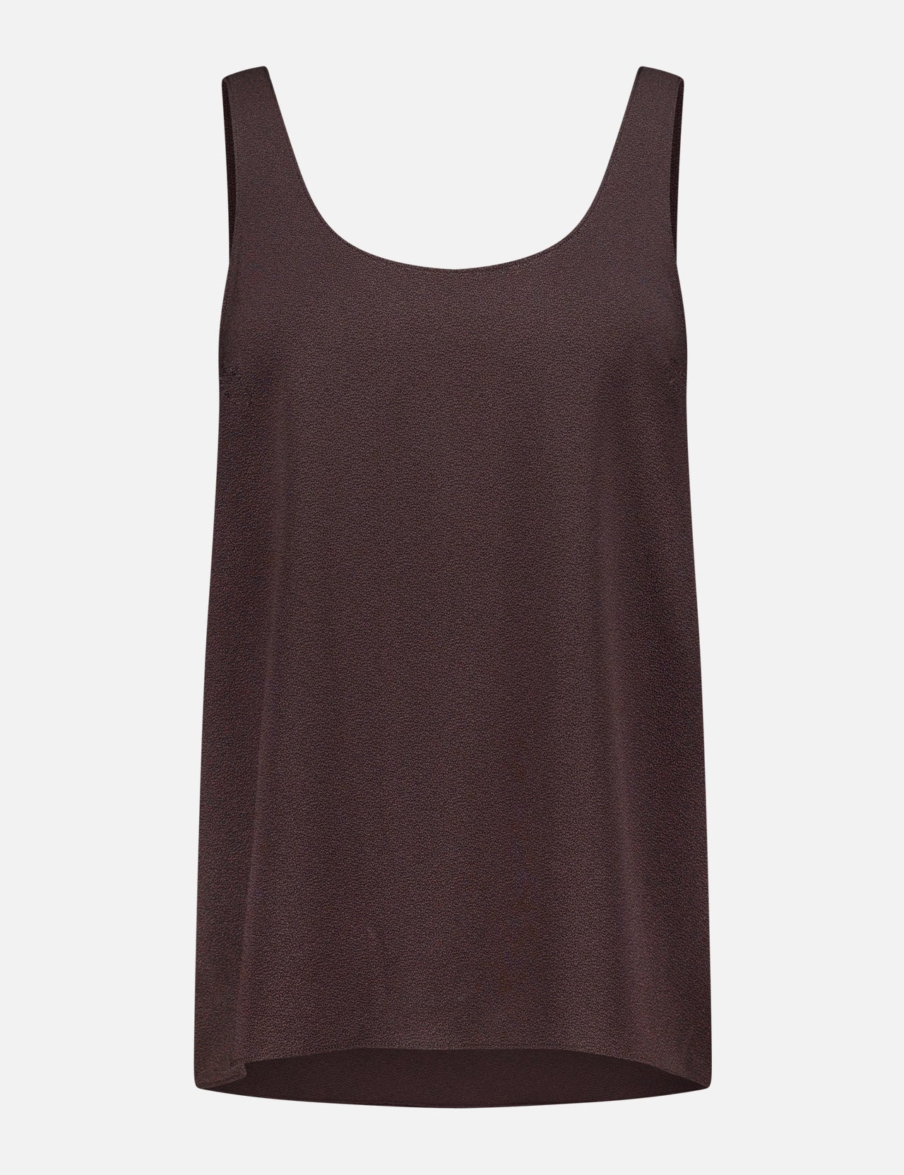 The Pebble Scoop Tank Top by THEORY features a sleeveless, loose-fit silhouette in a rich brown hue, crafted from silky smooth fabric with a scoop neckline. Shown against a plain white background, this versatile piece is perfect for layering in any wardrobe.