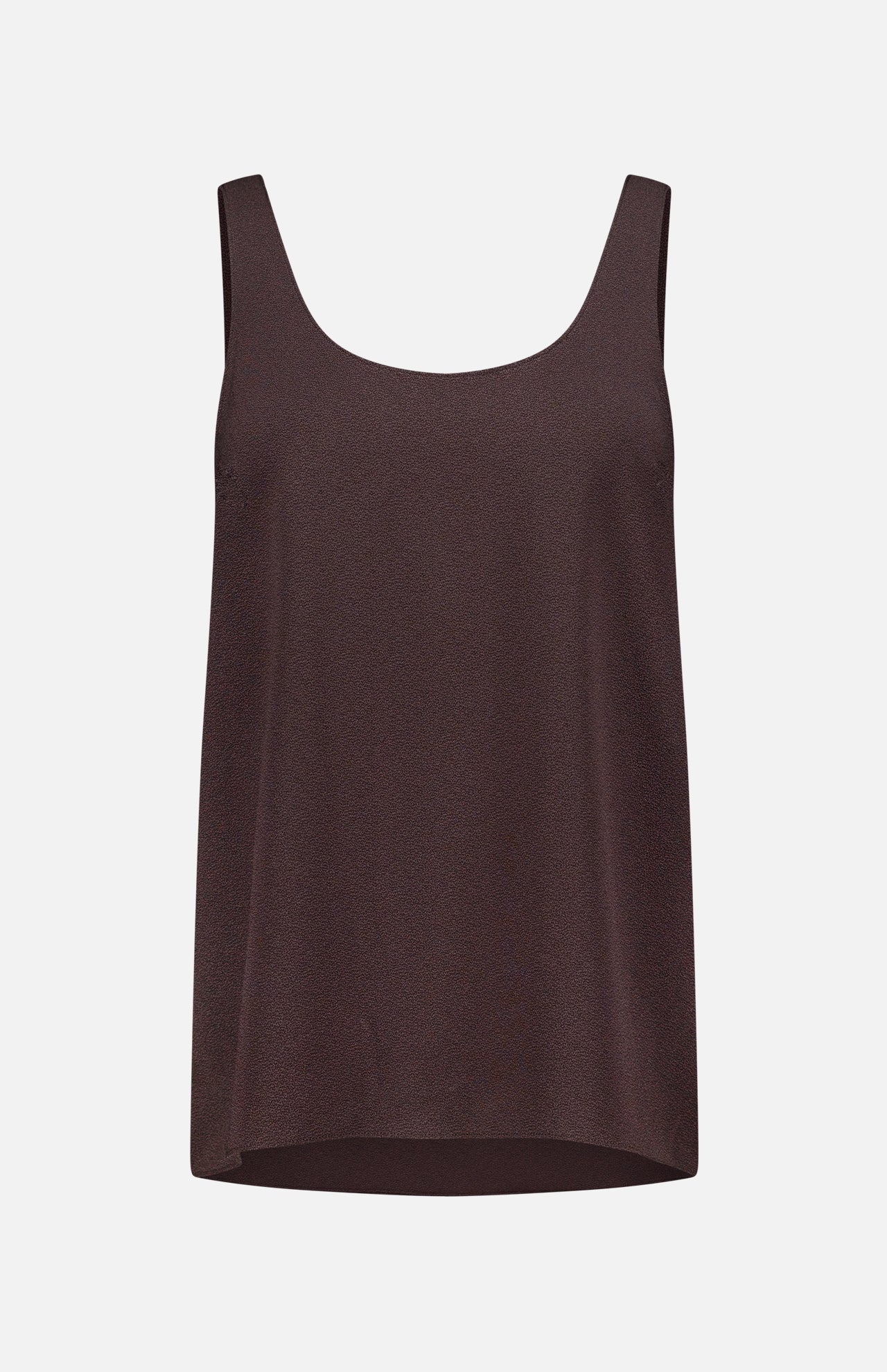 The Pebble Scoop Tank Top by THEORY features a sleeveless, loose-fit silhouette in a rich brown hue, crafted from silky smooth fabric with a scoop neckline. Shown against a plain white background, this versatile piece is perfect for layering in any wardrobe.