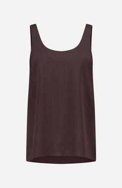 The Pebble Scoop Tank Top by THEORY features a sleeveless, loose-fit silhouette in a rich brown hue, crafted from silky smooth fabric with a scoop neckline. Shown against a plain white background, this versatile piece is perfect for layering in any wardrobe.