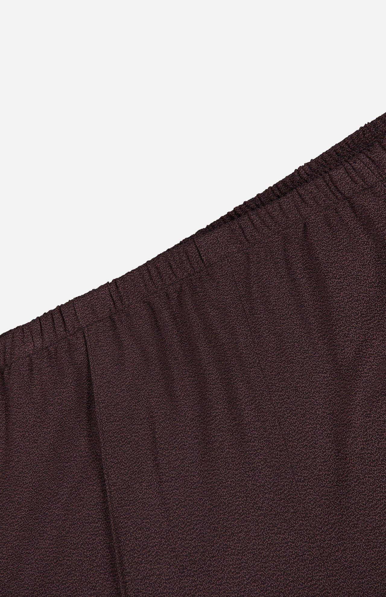 Close-up of THEORY’s Pintuck Pull-On Pant in brown, featuring a textured fabric and an elastic waistband, photographed against a white background. This pull-on design offers ease and comfort for everyday wear.