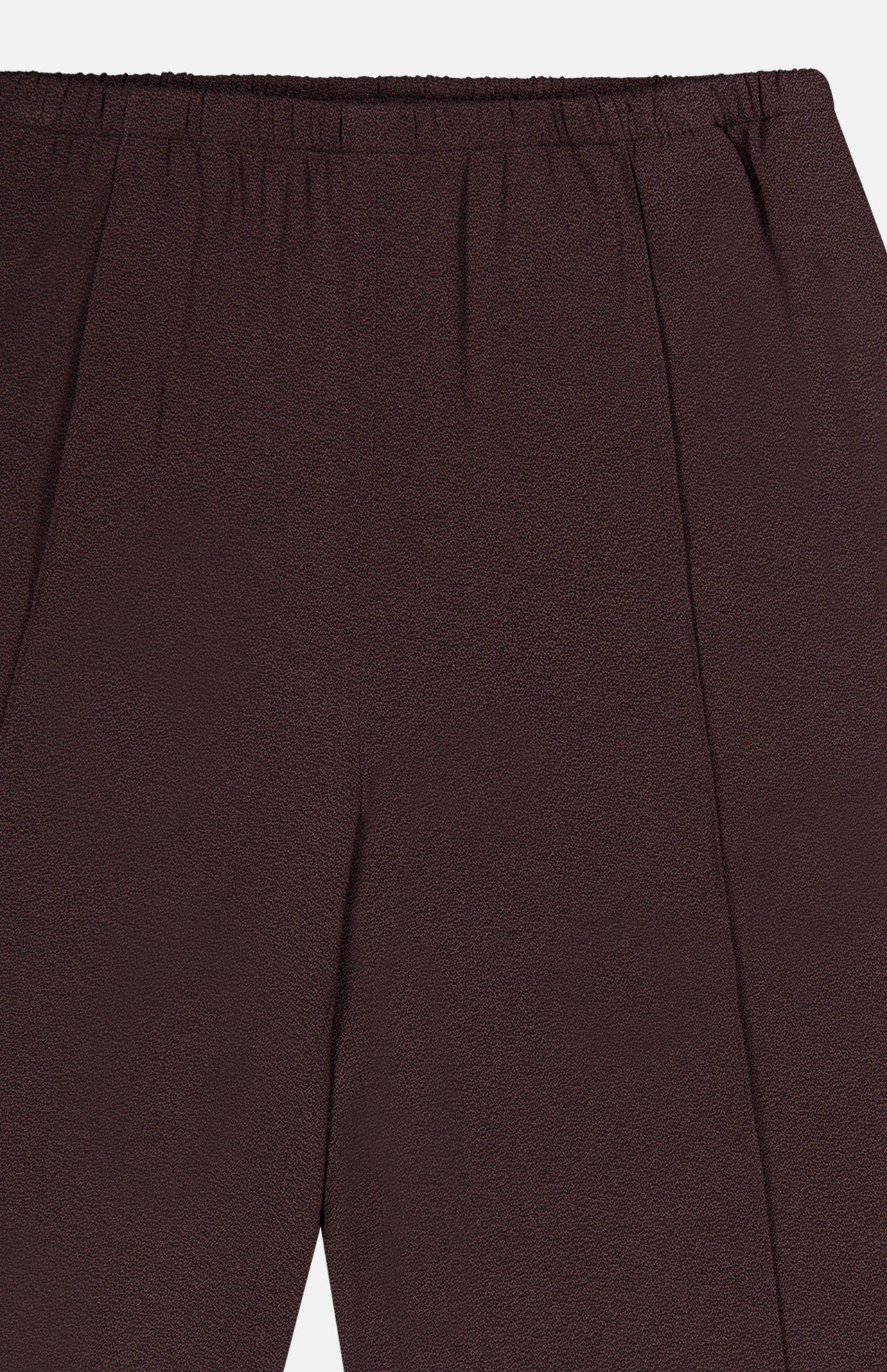 Close-up of the upper section of the THEORY Pintuck Pull-On Pant in brown, showcasing an elastic waistband and subtly textured fabric. The pull-on design offers ease and comfort, while the relaxed fit enhances everyday wearability.
