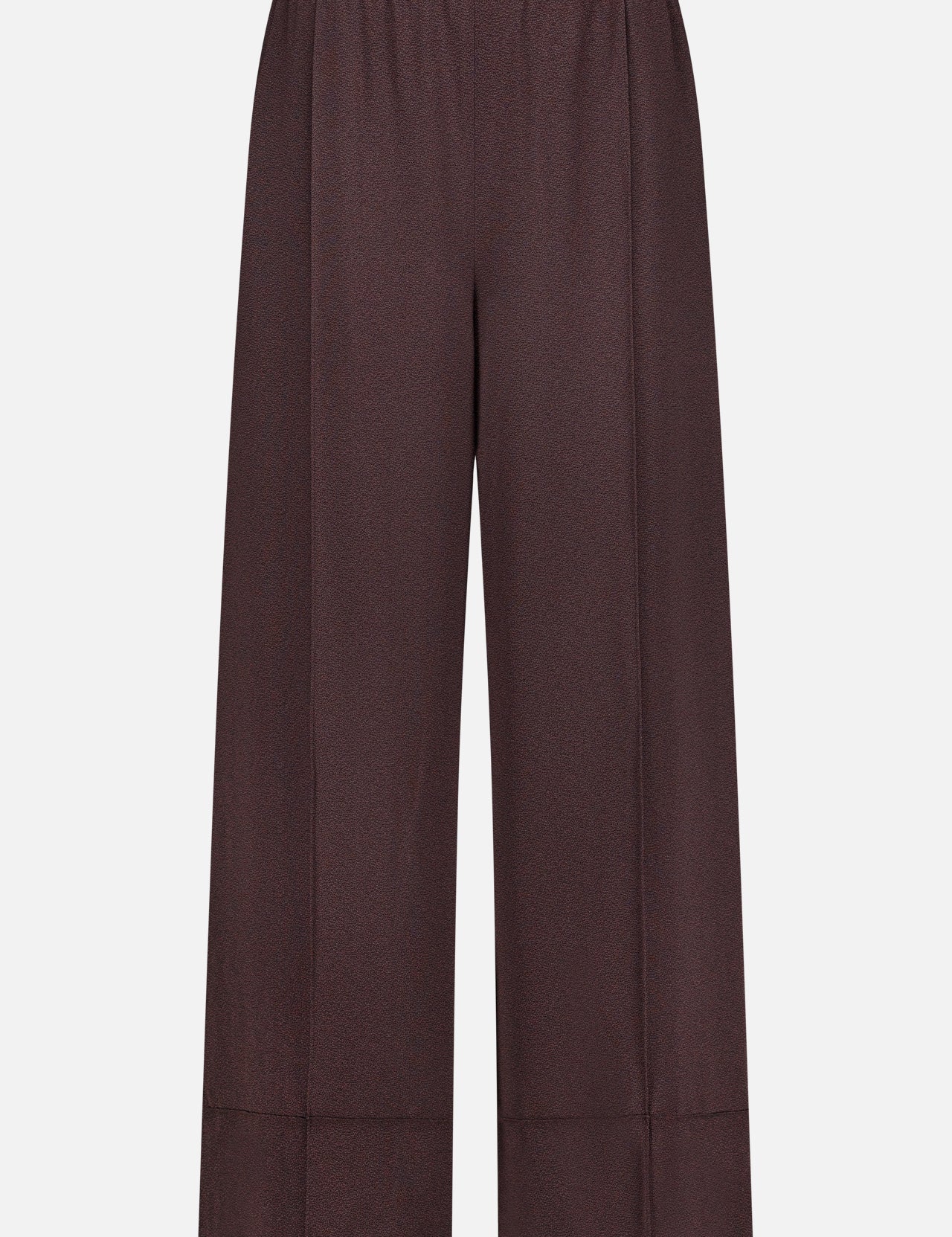 The THEORY Pintuck Pull-On Pant is a wide-leg, high-waisted brown pant crafted from silky smooth fabric, featuring an elastic waistband and a relaxed, pull-on design, shown against a plain white background.