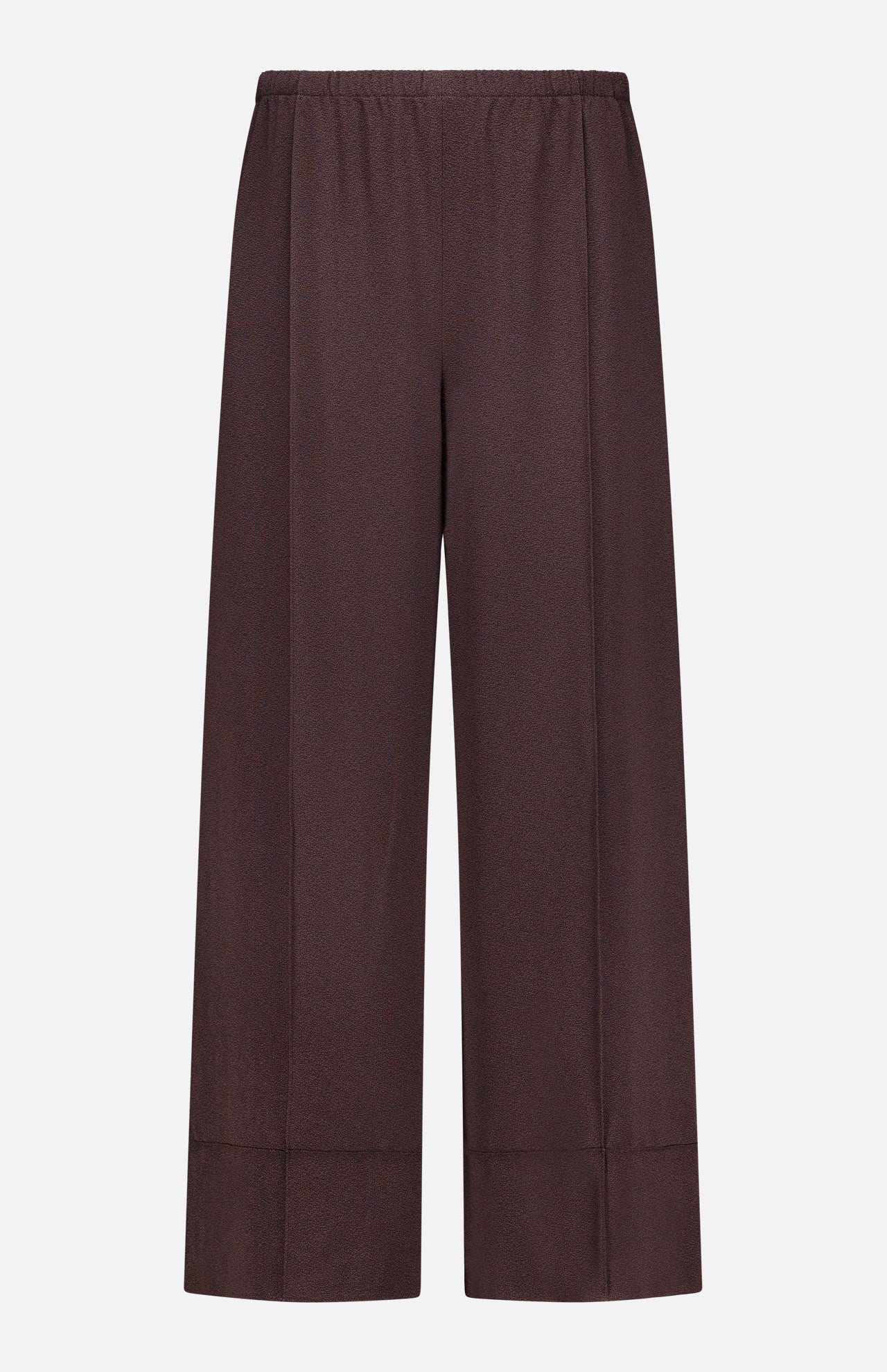 The THEORY Pintuck Pull-On Pant is a wide-leg, high-waisted brown pant crafted from silky smooth fabric, featuring an elastic waistband and a relaxed, pull-on design, shown against a plain white background.