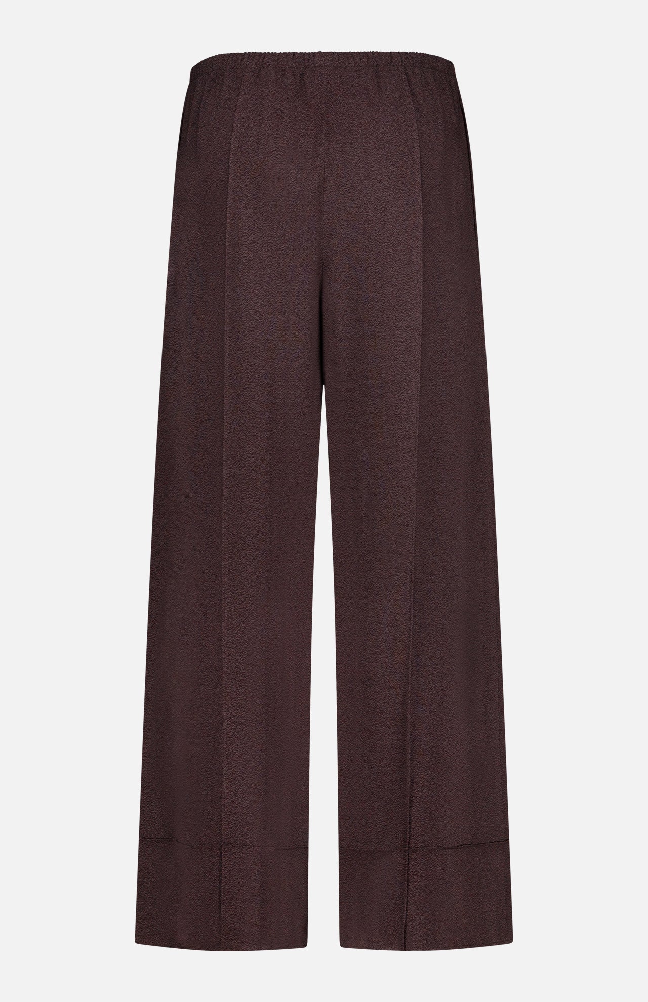 The THEORY Pintuck Pull-On Pant is a wide-leg brown pant crafted from silky smooth fabric, featuring an elastic waistband and a comfortable pull-on design with a straight, loose fit, displayed against a plain white background.