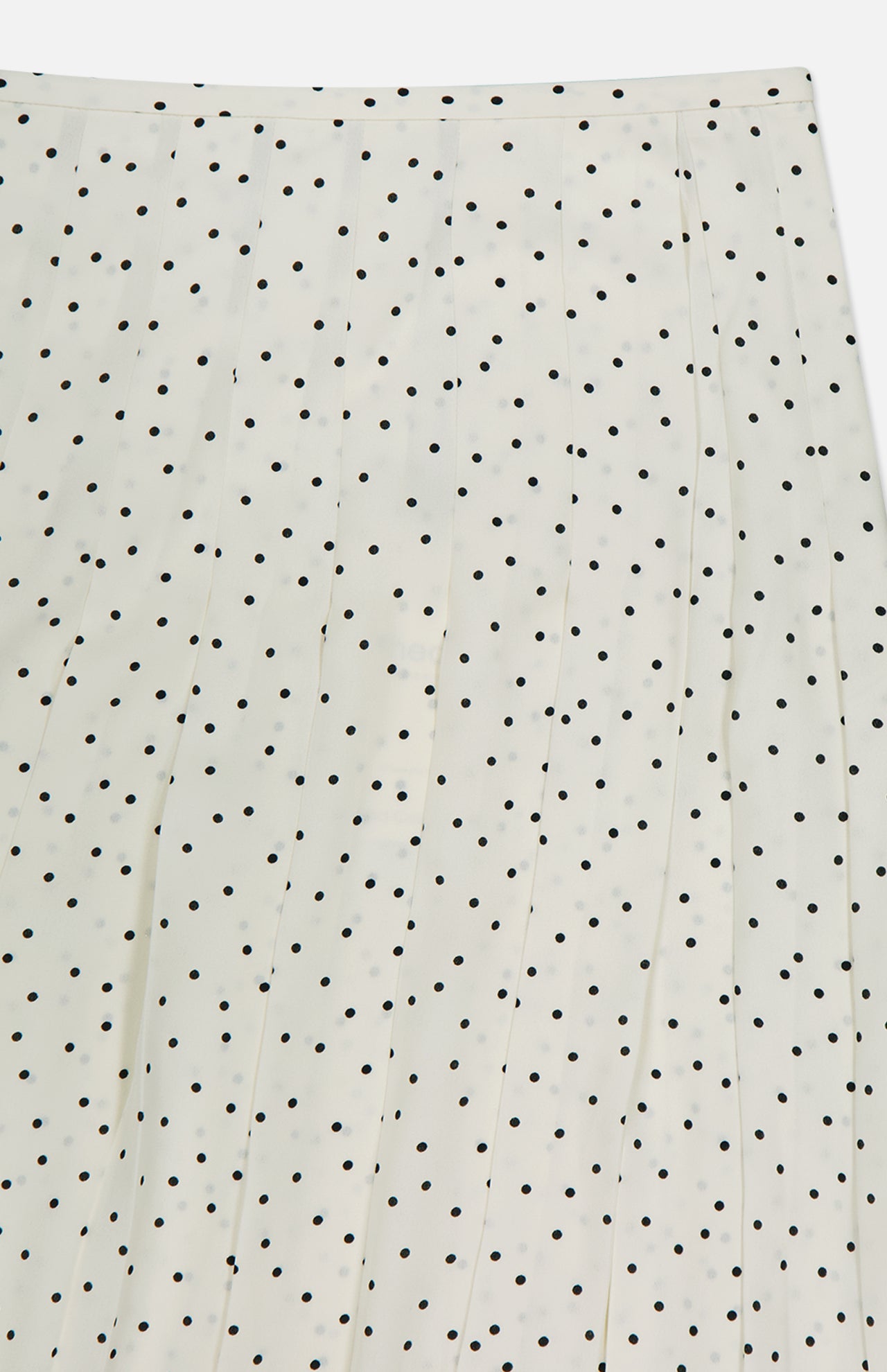 Close-up of the THEORY Pleated Polka Dot Wrap Skirt, featuring white fabric with evenly spaced small black polka dots—ideal for office wear or chic, versatile styling.
