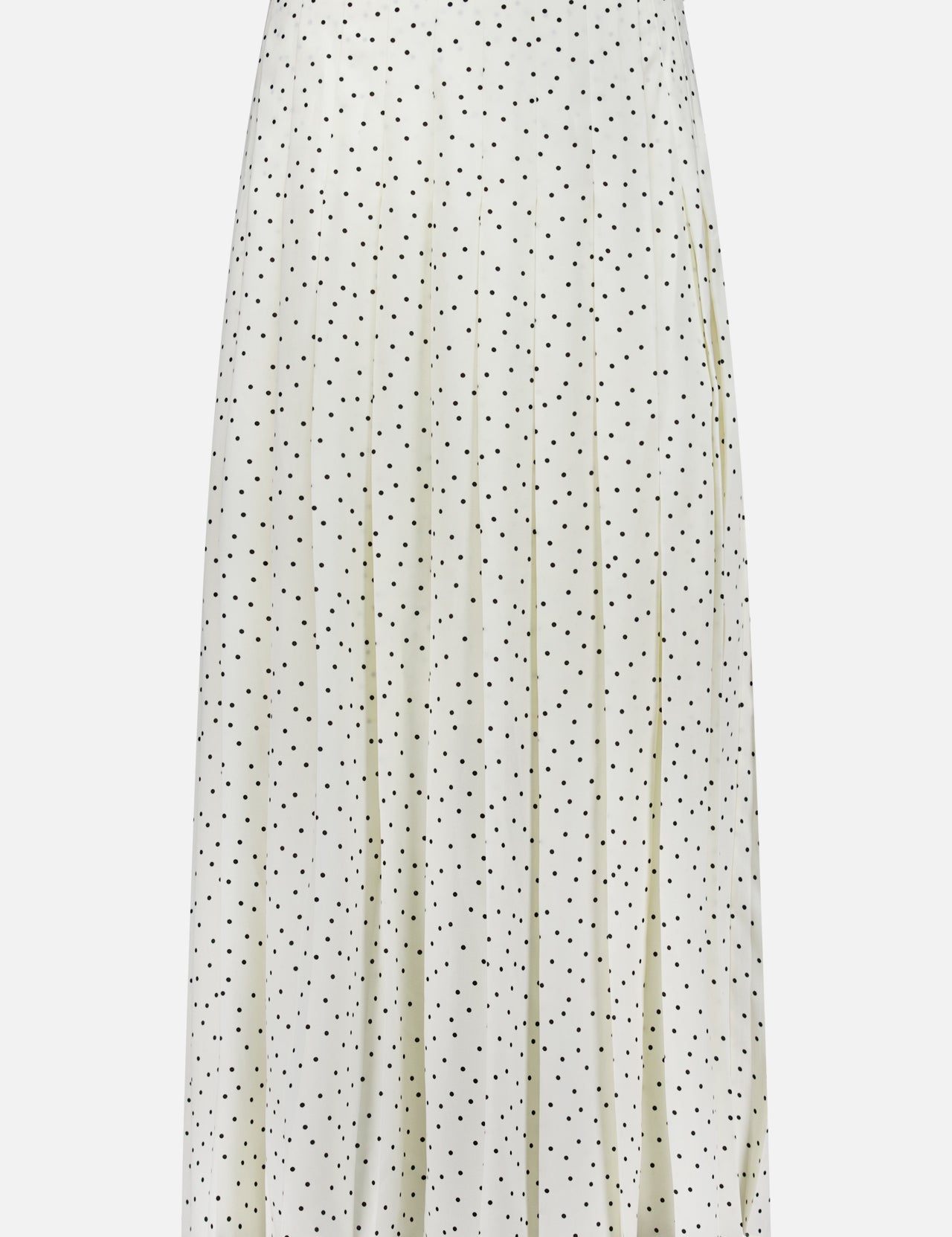 The THEORY Pleated Polka Dot Wrap Skirt is a white, knee-length piece with a flared silhouette and black polka dots—ideal for office wear.