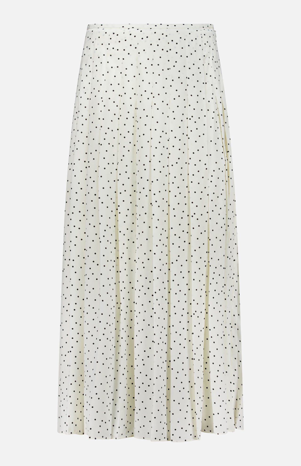 The THEORY Pleated Polka Dot Wrap Skirt is a white, knee-length piece with a flared silhouette and black polka dots—ideal for office wear.