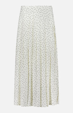 The THEORY Pleated Polka Dot Wrap Skirt is a white, knee-length piece with a flared silhouette and black polka dots—ideal for office wear.