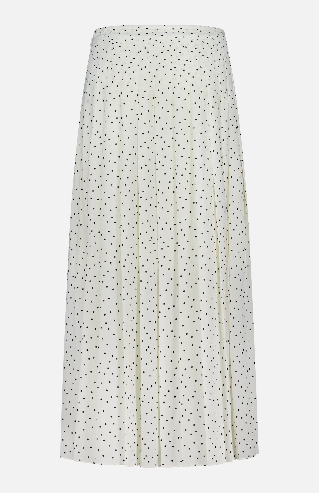 The THEORY Pleated Polka Dot Wrap Skirt features a white high-waist design with black polka dots and soft pleats for a flowy, elegant look—ideal for the office or stylish daily wear.