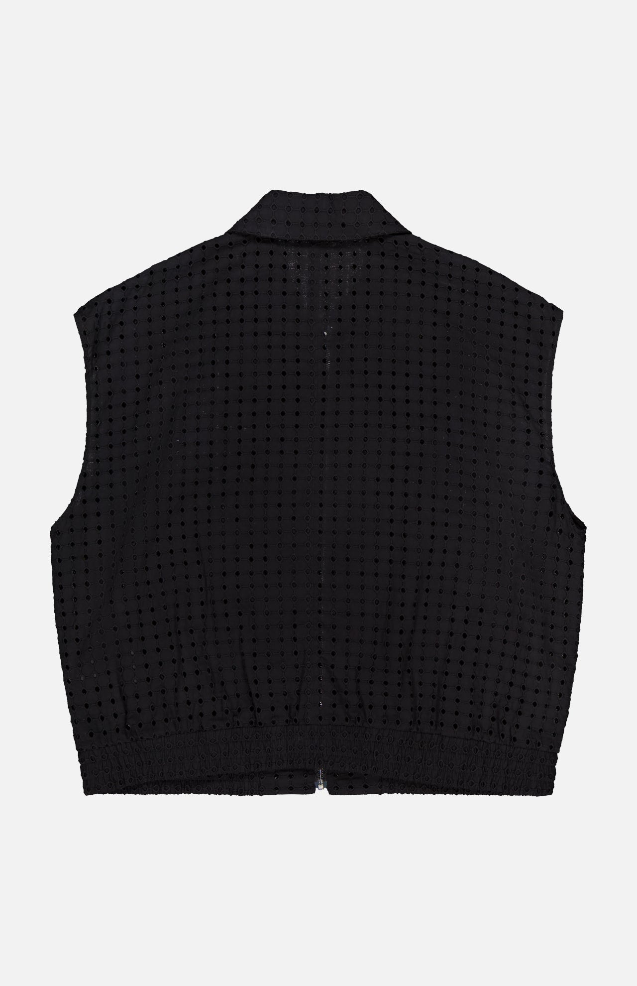 The THEORY Eyelet Zip Vest is a black sleeveless top with a textured grid pattern, collar, and elastic hem band, shown flat on a white background.