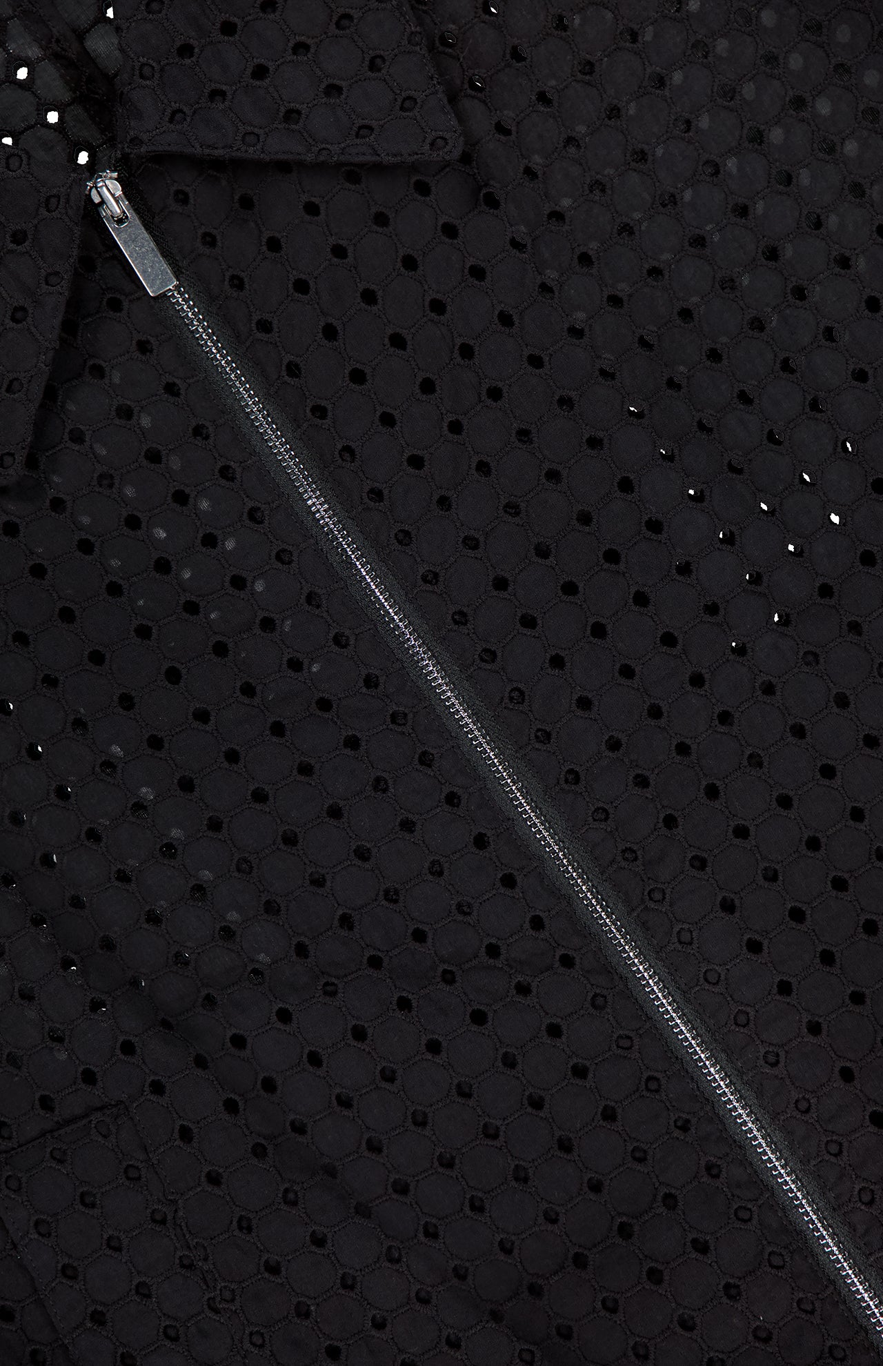Close-up of the THEORY Eyelet Zip Vest, a black statement top in textured fabric with small eyelets and a bold silver zipper running diagonally.