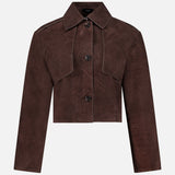 The THEORY Reece Cropped Trench Coat, crafted from chocolate brown lamb leather, features long sleeves, a wide collar, and two oversized buttons, shown against a plain white background.