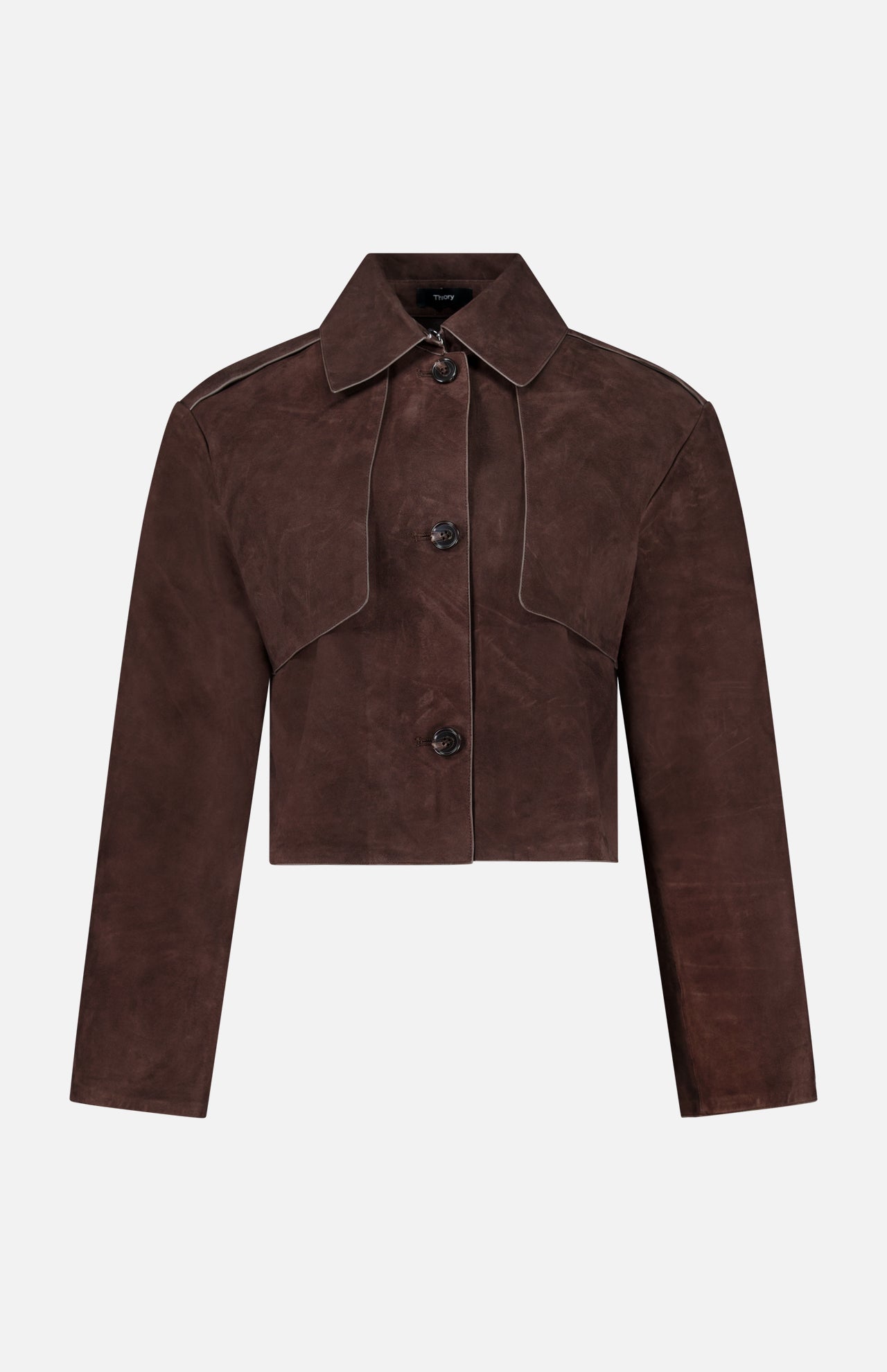 The THEORY Reece Cropped Trench Coat, crafted from chocolate brown lamb leather, features long sleeves, a wide collar, and two oversized buttons, shown against a plain white background.