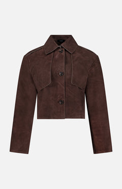 The THEORY Reece Cropped Trench Coat, crafted from chocolate brown lamb leather, features long sleeves, a wide collar, and two oversized buttons, shown against a plain white background.