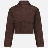Back view of the Reece Cropped Trench Coat by THEORY in chocolate brown leather, featuring long sleeves, a wide collar, and a flap detail across the upper back.