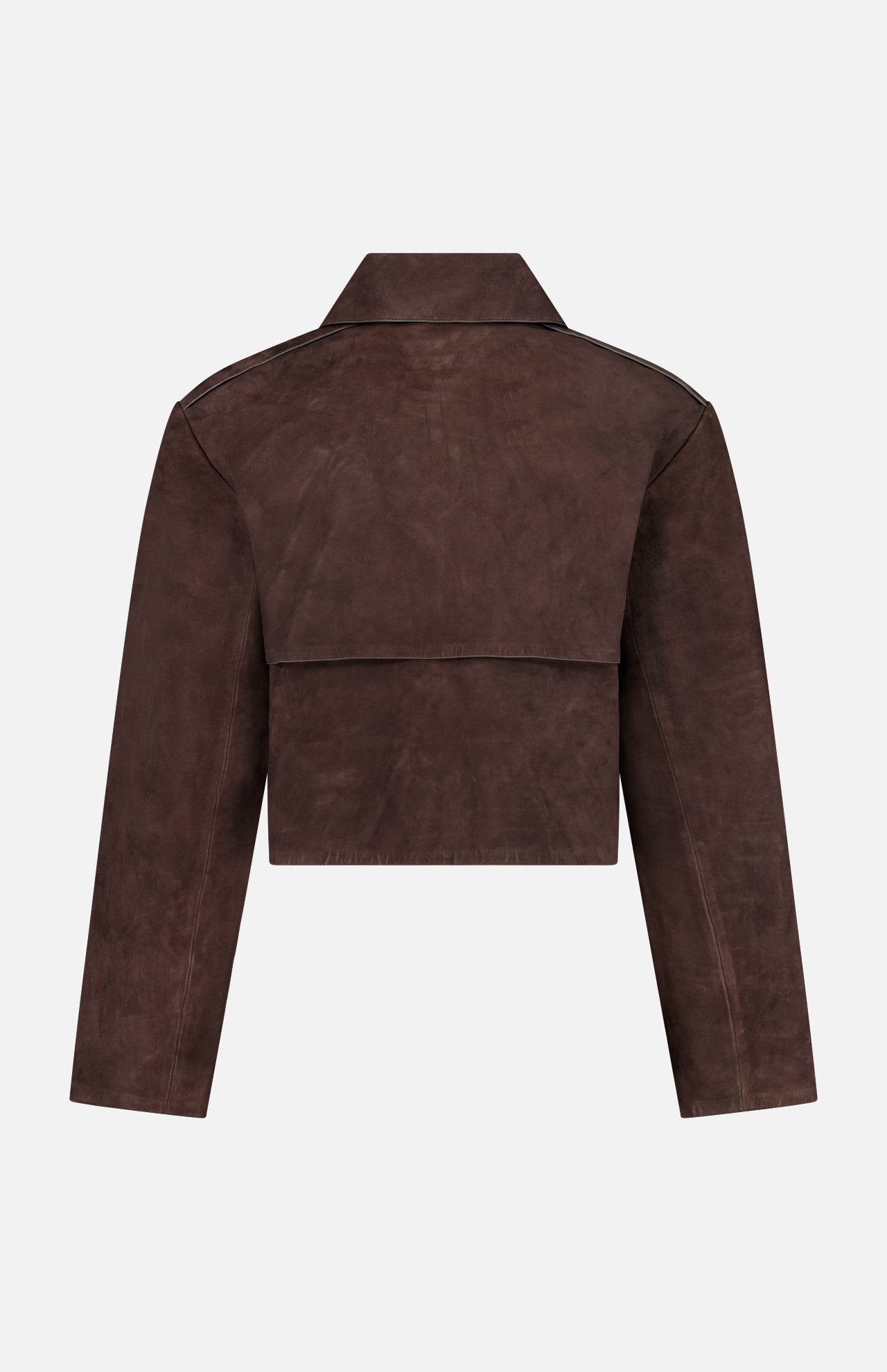 Back view of the Reece Cropped Trench Coat by THEORY in chocolate brown leather, featuring long sleeves, a wide collar, and a flap detail across the upper back.