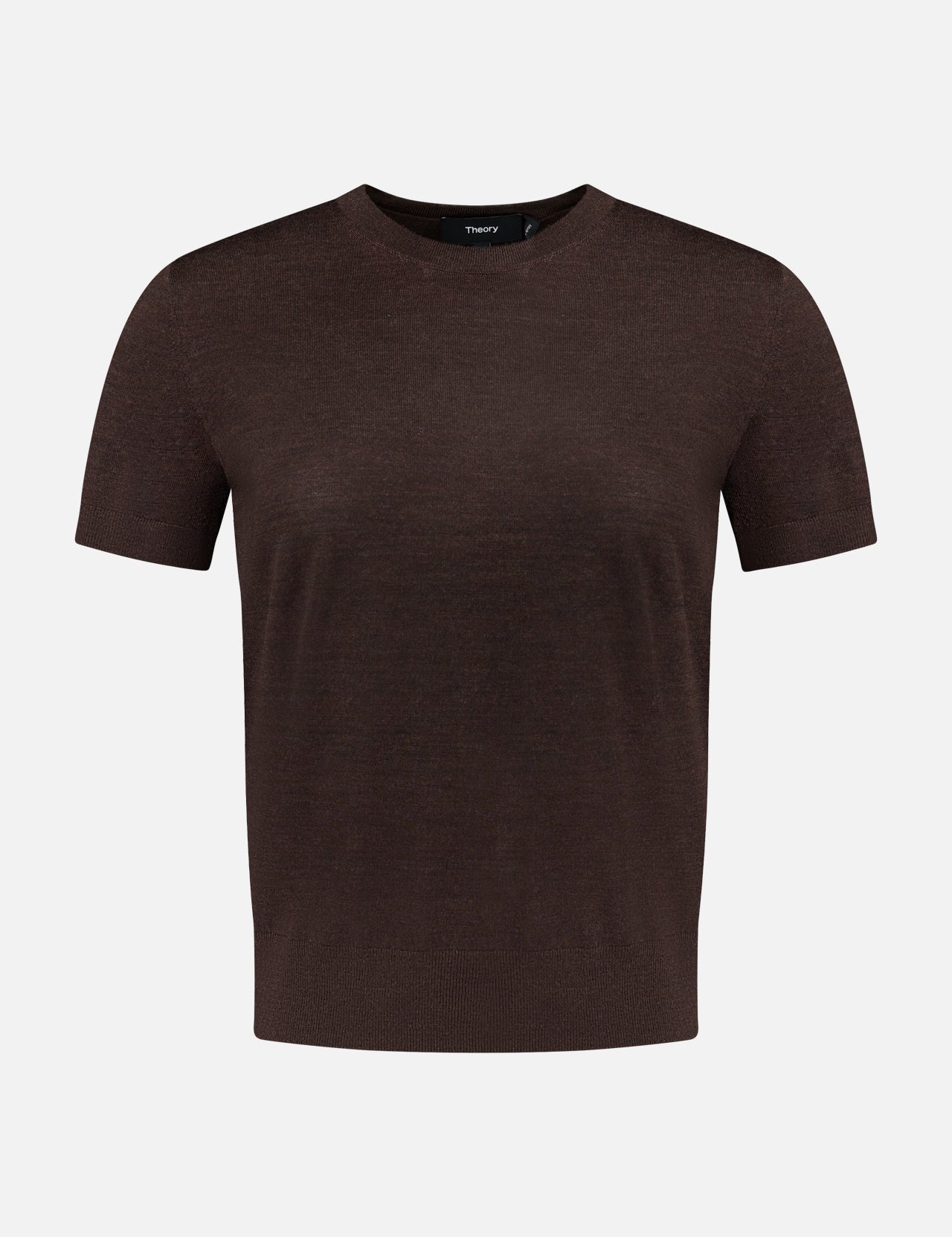 Dark brown Theory Regal Basic T-shirt in lightweight merino wool with a short-sleeved crew-neck design.