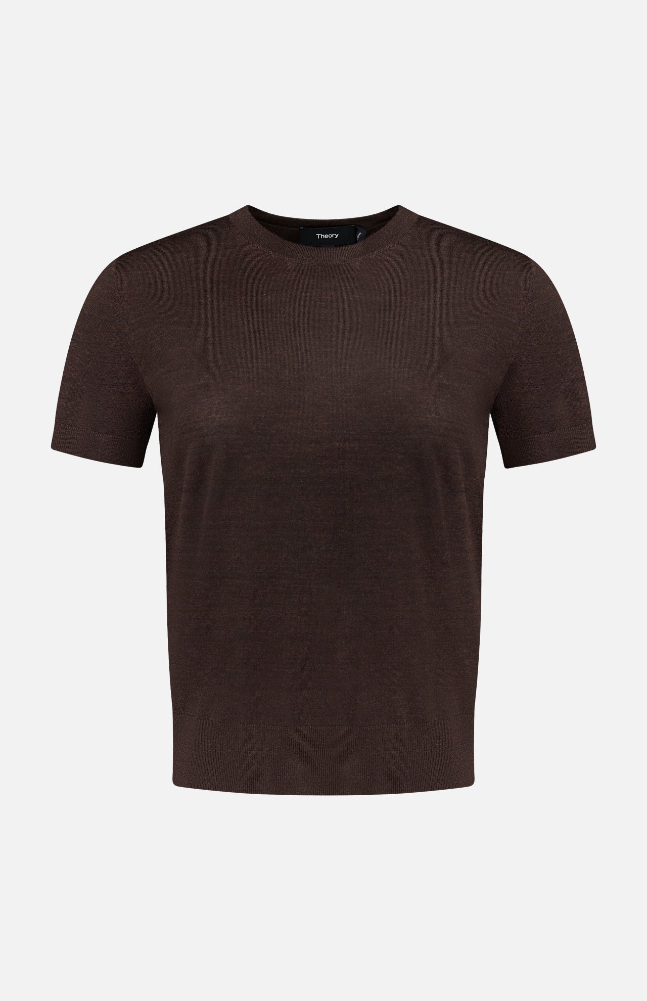 Dark brown Theory Regal Basic T-shirt in lightweight merino wool with a short-sleeved crew-neck design.