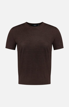 Dark brown Theory Regal Basic T-shirt in lightweight merino wool with a short-sleeved crew-neck design.