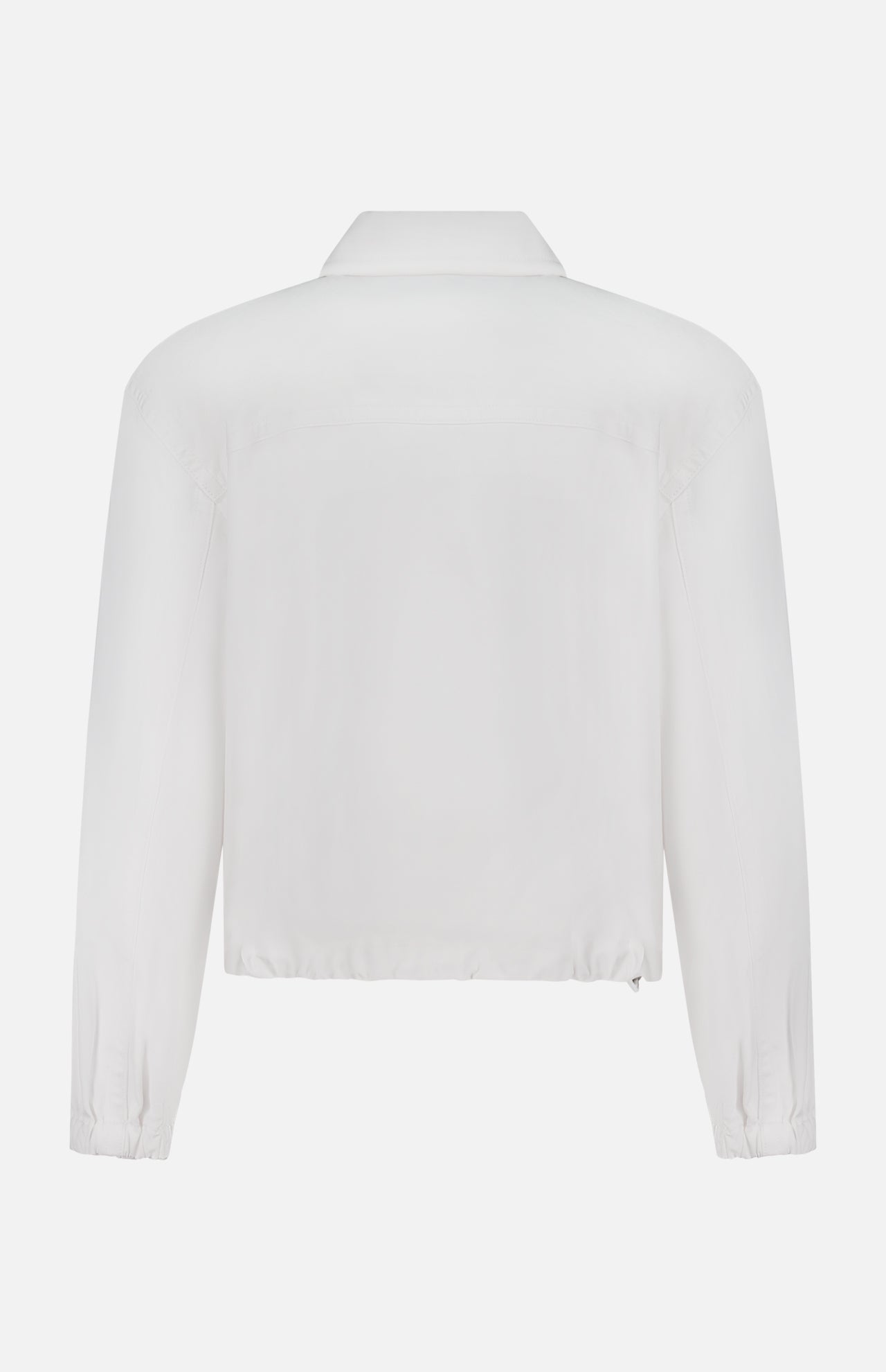 Back view of the THEORY Relaxed Flyer Jacket, a plain white cotton-blend design with collar and elastic cuffs, offering lightweight warmth against a white background.