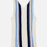 THEORY Scoop Neck Tank Top featuring a bold stripe pattern with vertical pleats and multicolored stripes in navy, light blue, brown, and white. Designed with a scoop neckline and a straight hem.
