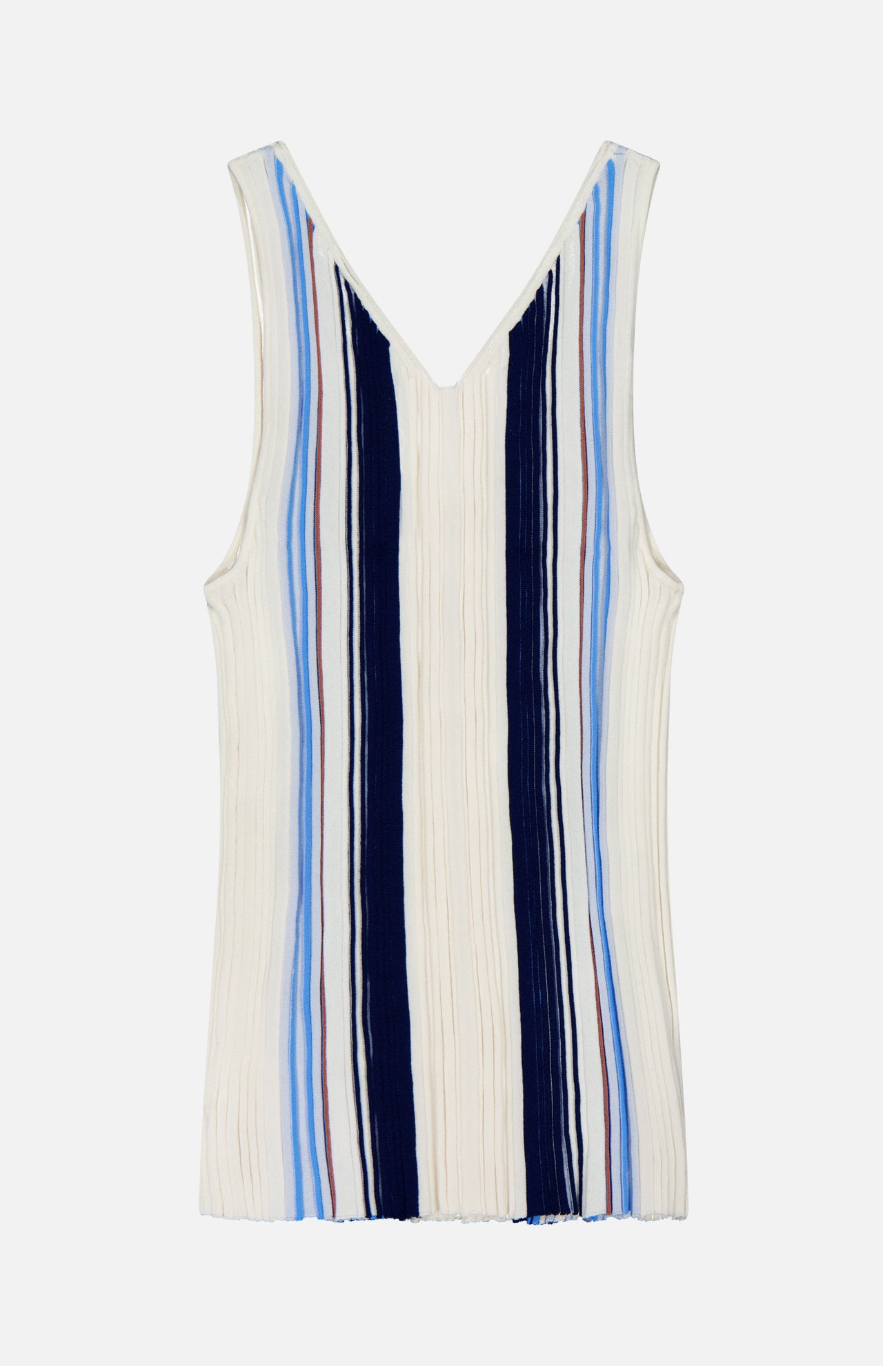 THEORY Scoop Neck Tank Top featuring a bold stripe pattern with vertical pleats and multicolored stripes in navy, light blue, brown, and white. Designed with a scoop neckline and a straight hem.