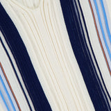 Here is a rewritten sentence using your product data: Close-up of the THEORY Scoop Neck Tank Top, showcasing a rib-knit texture and an eye-catching stripe pattern with vertical cream, navy blue, light blue, and brown stripes in varying thicknesses. The design also features a subtle V-shaped seam near the top left corner.