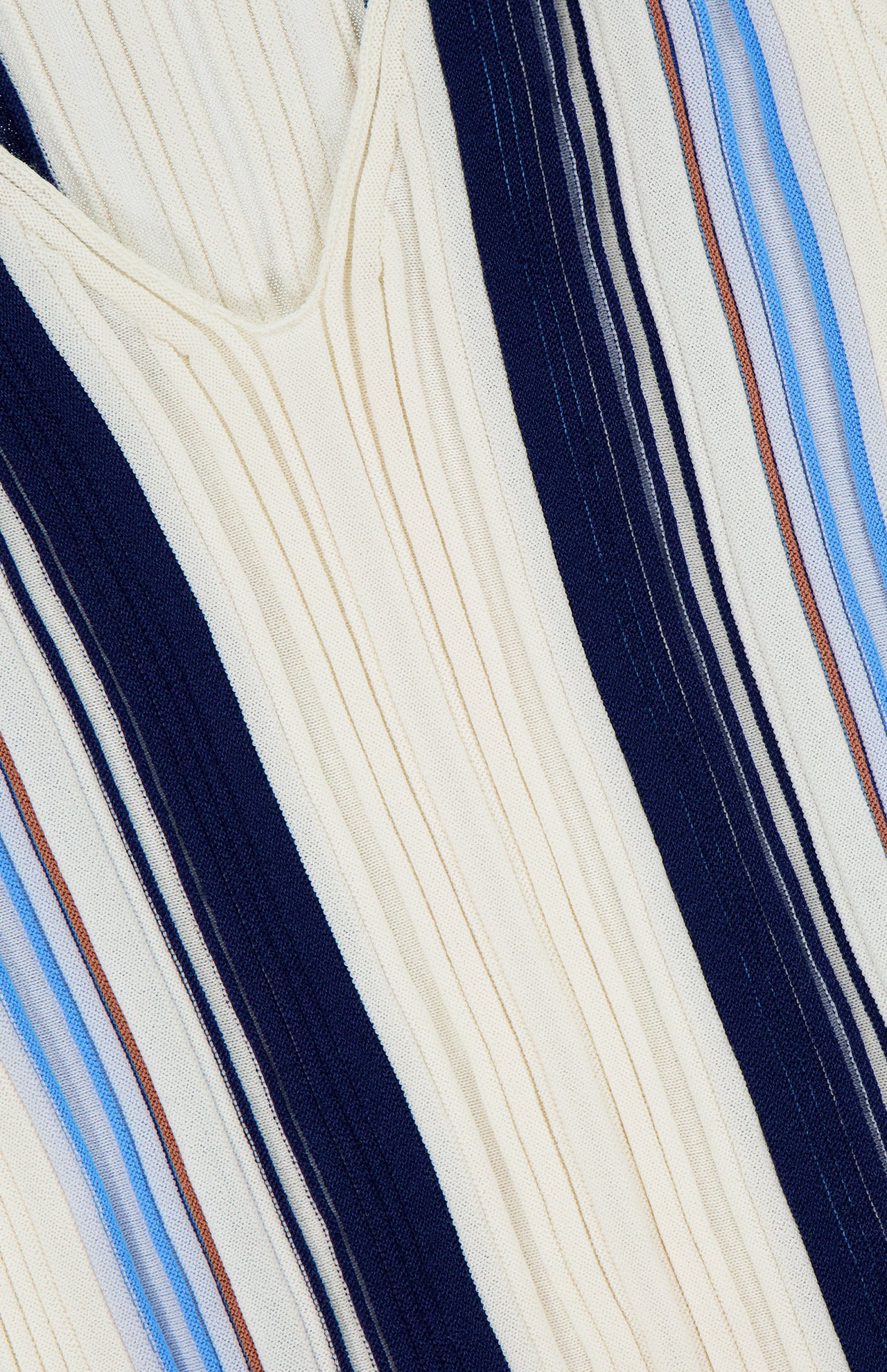 Here is a rewritten sentence using your product data: Close-up of the THEORY Scoop Neck Tank Top, showcasing a rib-knit texture and an eye-catching stripe pattern with vertical cream, navy blue, light blue, and brown stripes in varying thicknesses. The design also features a subtle V-shaped seam near the top left corner.