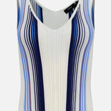 Scoop neck tank top by THEORY, crafted in a sleeveless rib-knit design with a striped pattern in blue, navy, white, and light purple.