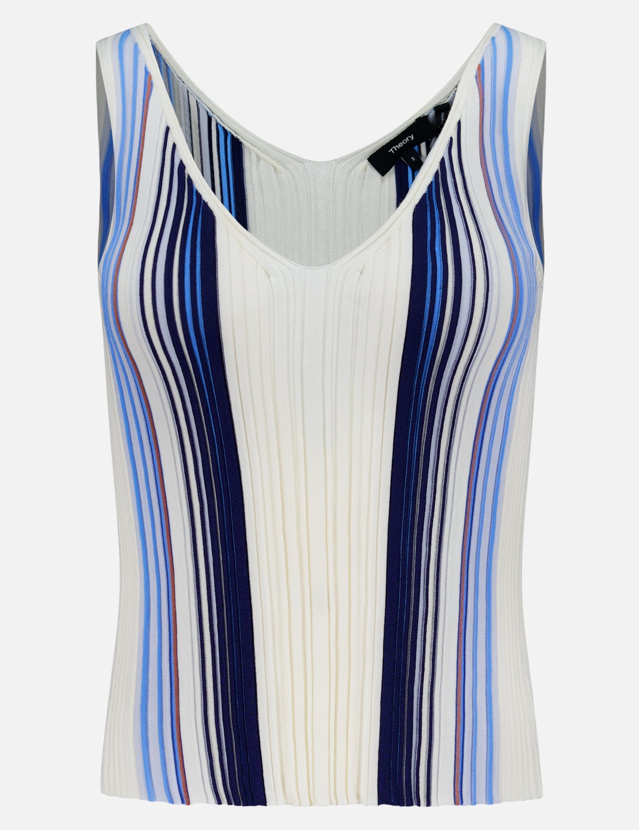 Scoop neck tank top by THEORY, crafted in a sleeveless rib-knit design with a striped pattern in blue, navy, white, and light purple.