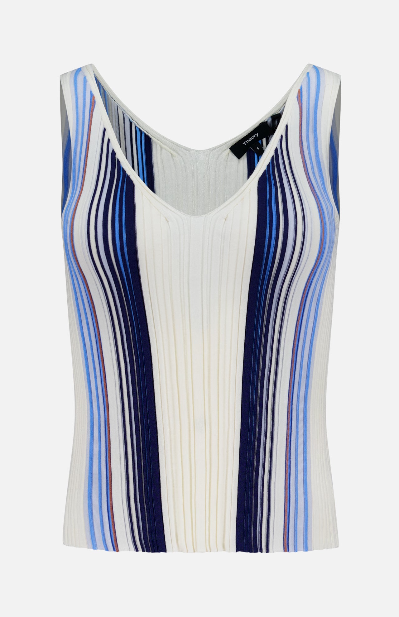 Scoop neck tank top by THEORY, crafted in a sleeveless rib-knit design with a striped pattern in blue, navy, white, and light purple.