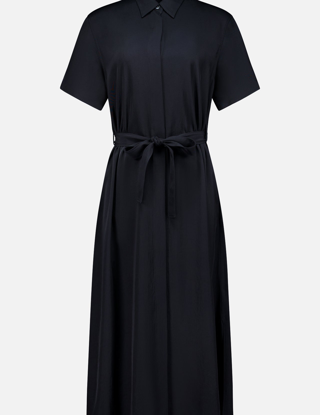 THEORY’s Short Sleeve Belted A-Line Dress features a black, collared design with short sleeves and a button-up front. The matching fabric belt ties at the waist for flattering definition, while the gently flared A-line skirt creates an effortlessly chic and timeless silhouette.