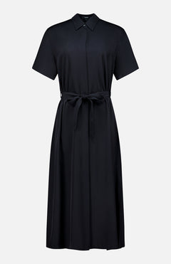 THEORY’s Short Sleeve Belted A-Line Dress features a black, collared design with short sleeves and a button-up front. The matching fabric belt ties at the waist for flattering definition, while the gently flared A-line skirt creates an effortlessly chic and timeless silhouette.