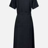 The THEORY Short Sleeve Belted A-Line Dress is shown from the back in black, featuring short sleeves and a collared neckline. It comes with a matching waist belt and offers an elegant straight fit. A subtle seam runs across the upper back, while the gently draping fabric creates a chic, effortless silhouette.