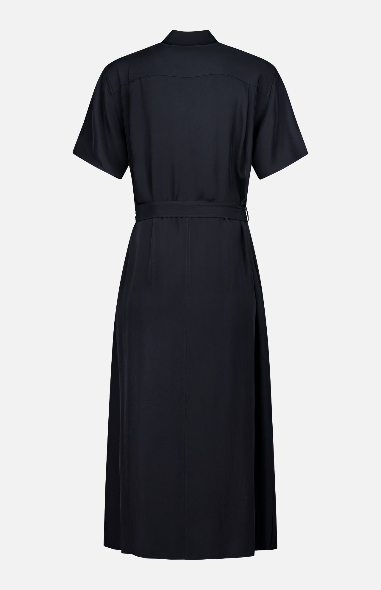 The THEORY Short Sleeve Belted A-Line Dress is shown from the back in black, featuring short sleeves and a collared neckline. It comes with a matching waist belt and offers an elegant straight fit. A subtle seam runs across the upper back, while the gently draping fabric creates a chic, effortless silhouette.